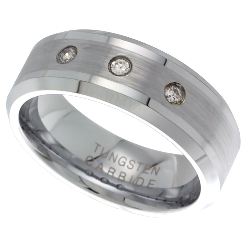 8MM FLAT TUNGSTEN CARBIDE 3-STONE CUBIC ZIRCONIA WEDDING BAND RING FOR MEN SATIN FINISH BEVELED EDGES COMFORT FIT SIZES 9 - 12