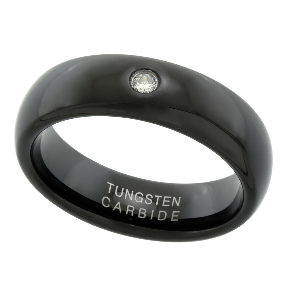 6MM BLACK TUNGSTEN CARBIDE WEDDING RING DOMED LADIES CZ COMFORT FIT SIZES 6 - 9