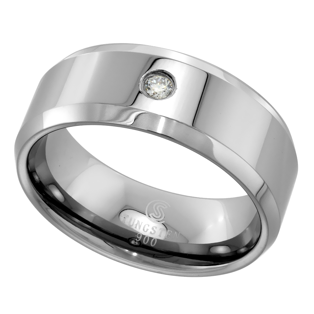 8MM TUNGSTEN CARBIDE CUBIC ZIRCONIA RING HIGH POLISH BEVELED EDGES COMFORT FIT SIZES 9 - 12