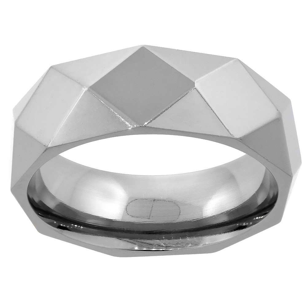 8mm Titanium Faceted Wedding Band Ring for Men Polished Comfort Fit sizes 7 - 14