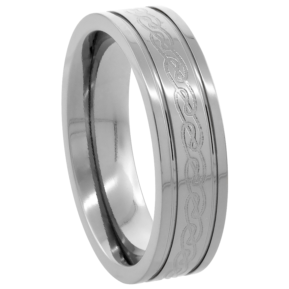 6mm Titanium Pipe Cut Celtic Knot Wedding Band Ring for Men Etched Pattern Grooved Edges Comfort Fit sizes 7 to14