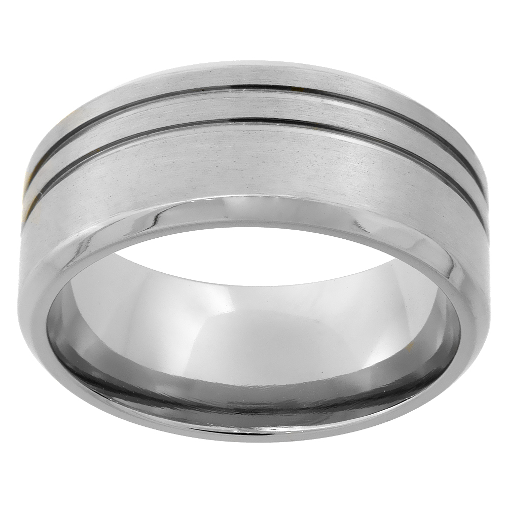9mm Titanium Pipe Cut Wedding Band Ring for Men 2 Stripes Beveled Edges Brushed Finish Comfort Fit sizes 7 - 14