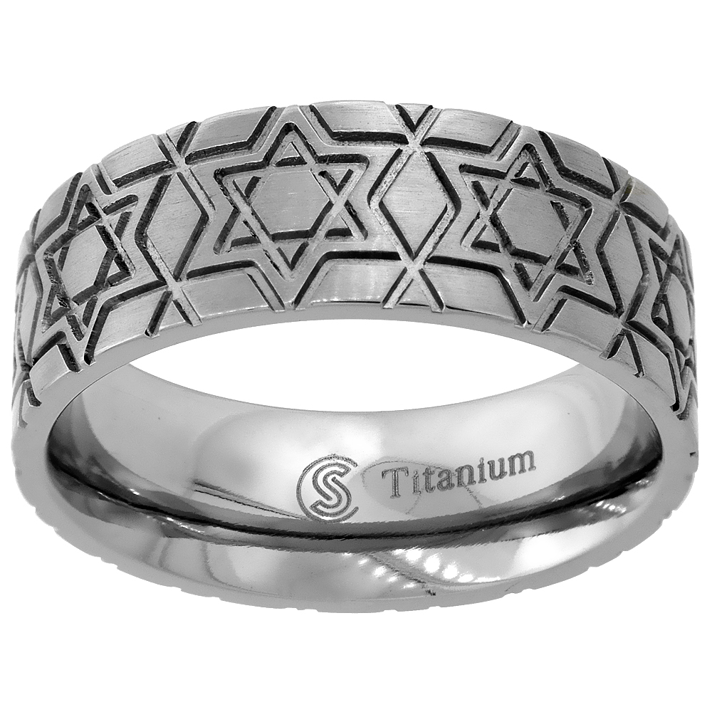 8mm Titanium Wedding Band Star Of David Ring Deep Carving Flat Comfort Fit sizes 6 - 14