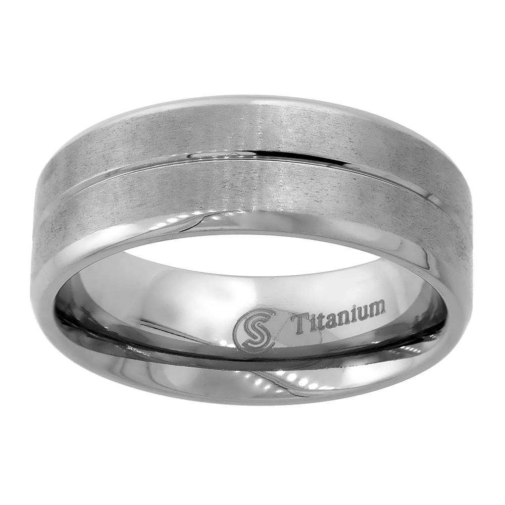 8mm Titanium Wedding Band Ring Grooved Center Brushed Finish Beveled Edges Flat Comfort Fit sizes 7 - 14
