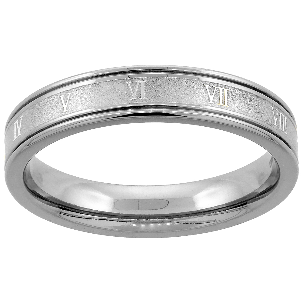 4.5mm Titanium Wedding Band Roman Numeral Ring Grooved Edges Flat Comfort Fit sizes 7 - 14
