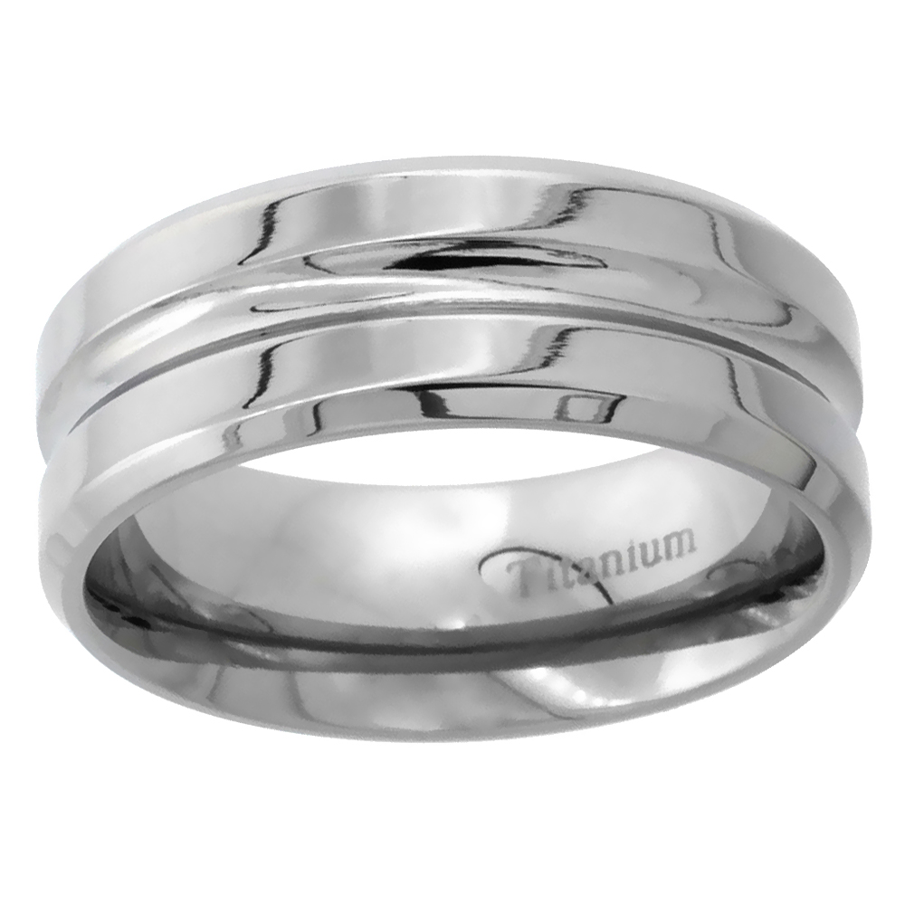 8mm Titanium Wedding Band Ring Deep Grooved Center Flat Beveled Edges Polished Comfort Fit sizes 7 - 14