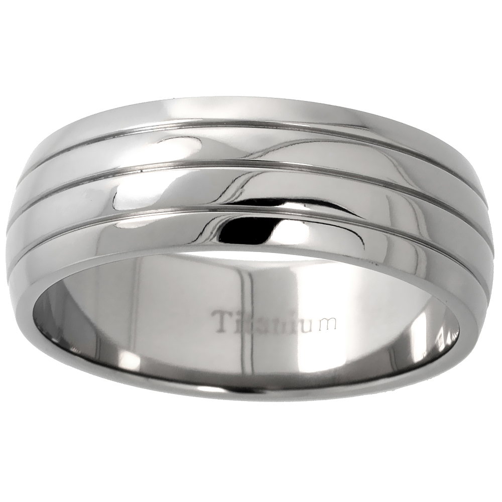 8MM TITANIUM WEDDING BAND RING 3 GROOVES DOMED COMFORT FIT SIZES 8 - 15