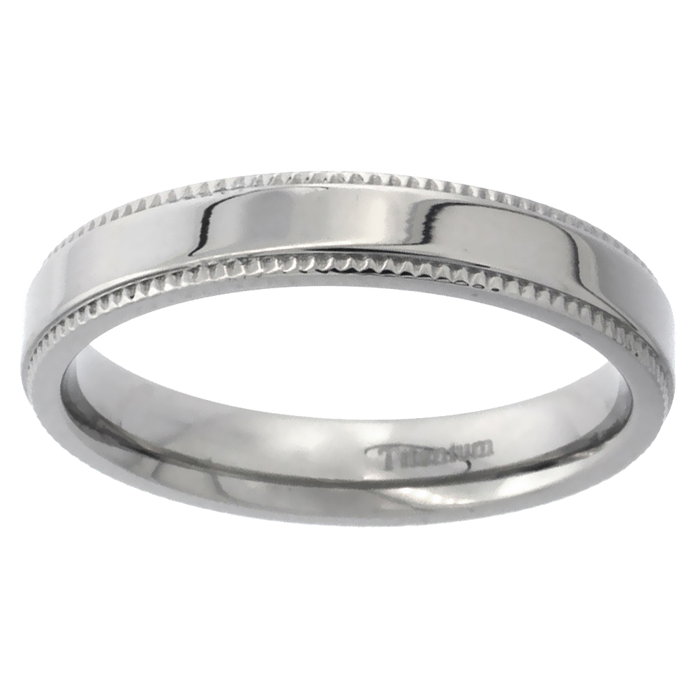 TITANIUM 4MM WEDDING BAND MILGRAIN RING POLISHED FLAT COMFORT FIT, SIZES 5 - 14