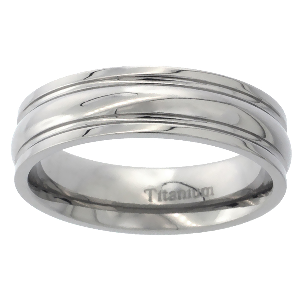 6MM TITANIUM WEDDING BAND RING DOMED CENTER GROOVED EDGES POLISHED COMFORT FIT SIZES 7 - 14