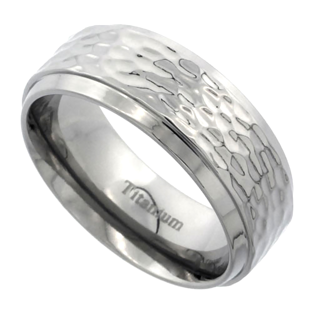 TITANIUM 8MM WEDDING BAND HAMMERED RING FLAT BEVELED EDGES POLISH FINISH COMFORT FIT, SIZES 7 - 14