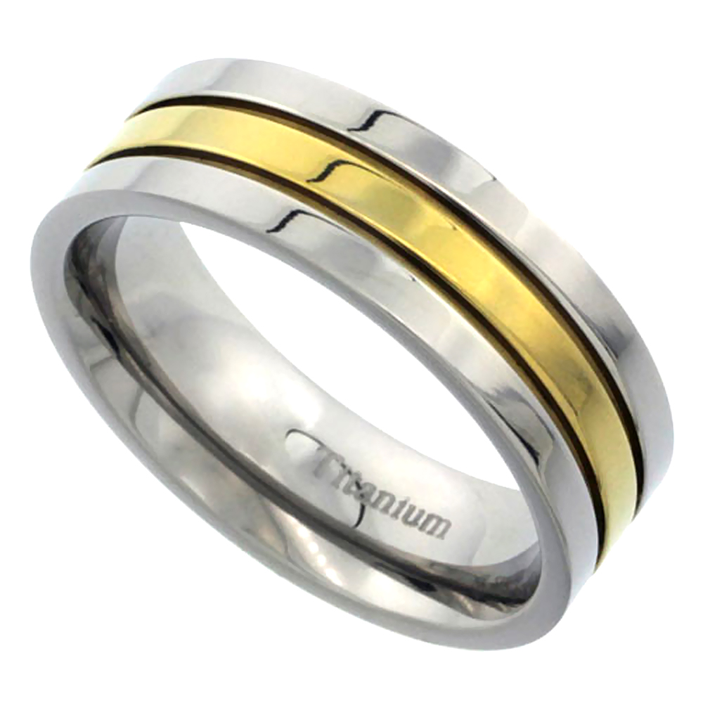 7MM TITANIUM WEDDING BAND GOLD STRIPE RING FLAT POLISHED FINISH COMFORT FIT SIZES 7 - 14
