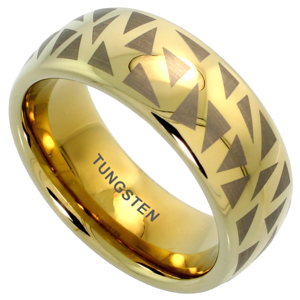 8MM GOLD TUNGSTEN RING DOME WEDDING BAND ETCHED TRIANGULAR PATTERN SIZES 7 TO 14
