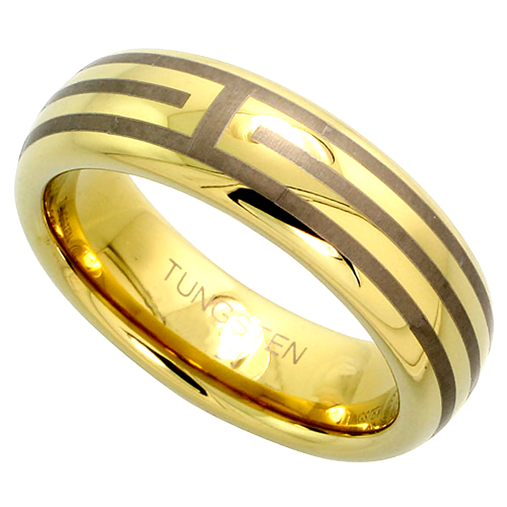 6mm Gold Tungsten Ring Dome Wedding Band 3 Stripes Comfort fit, sizes 5 to 14
