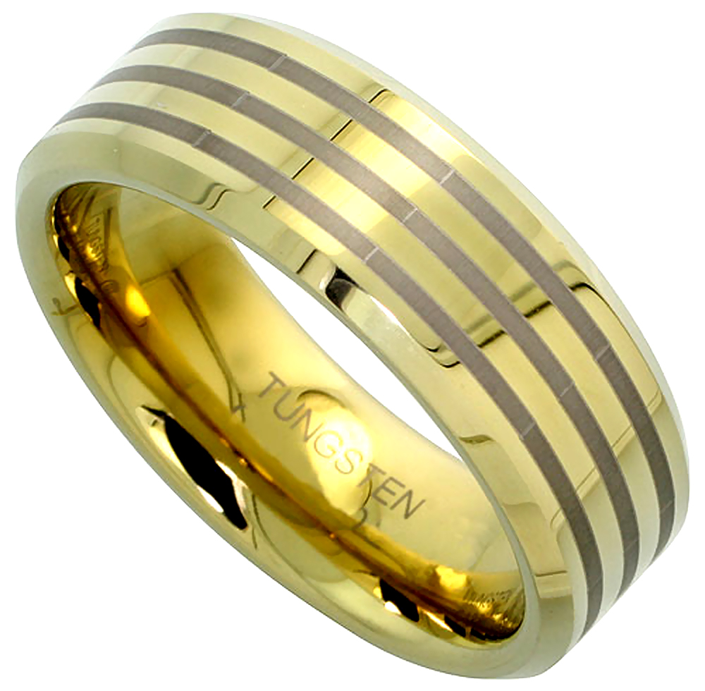 8mm Gold Tungsten Ring Flat Wedding Band 3 Etched Stripes Beveled Edge Comfort fit sizes 5 to 14