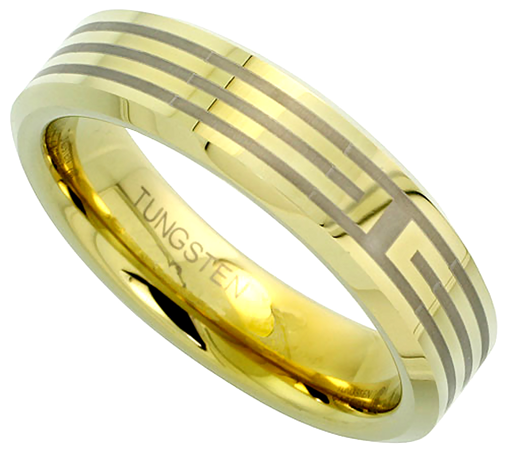 6mm Gold Tungsten Ring Flat Wedding Band 3 Etched Stripes Beveled Edge Comfort fit sizes 5 to 14