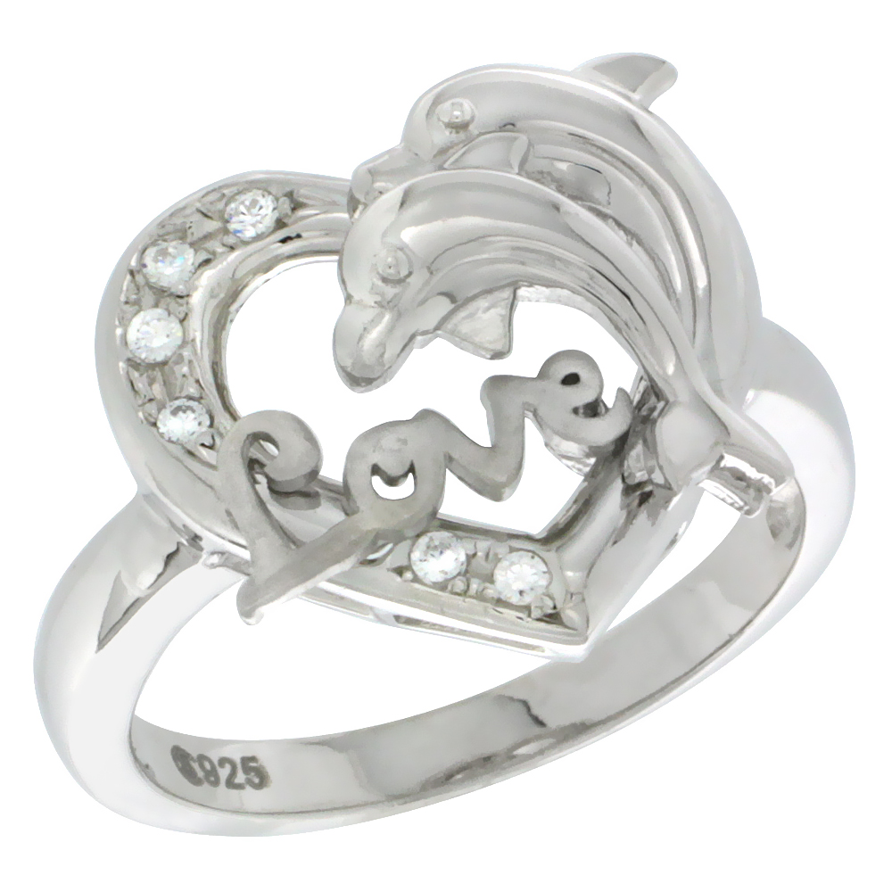Sterling Silver Dolphins Heart Love Ring CZ Stones Rhodium Finished 21/32 Inch Wide Sizes 5 - 8