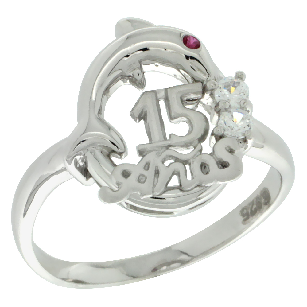 Sterling Silver Quinceanera 15 Anos Dolphin Ring CZ stones Rhodium Finished, 1/2 inch wide, sizes 5 - 8
