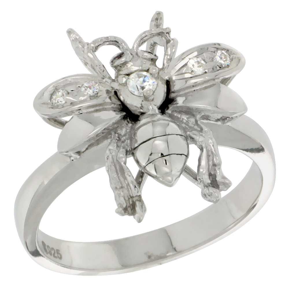 Sterling Silver Bee Ring CZ Stones Rhodium Finished 5/8 Inch Wide Sizes 5 - 8