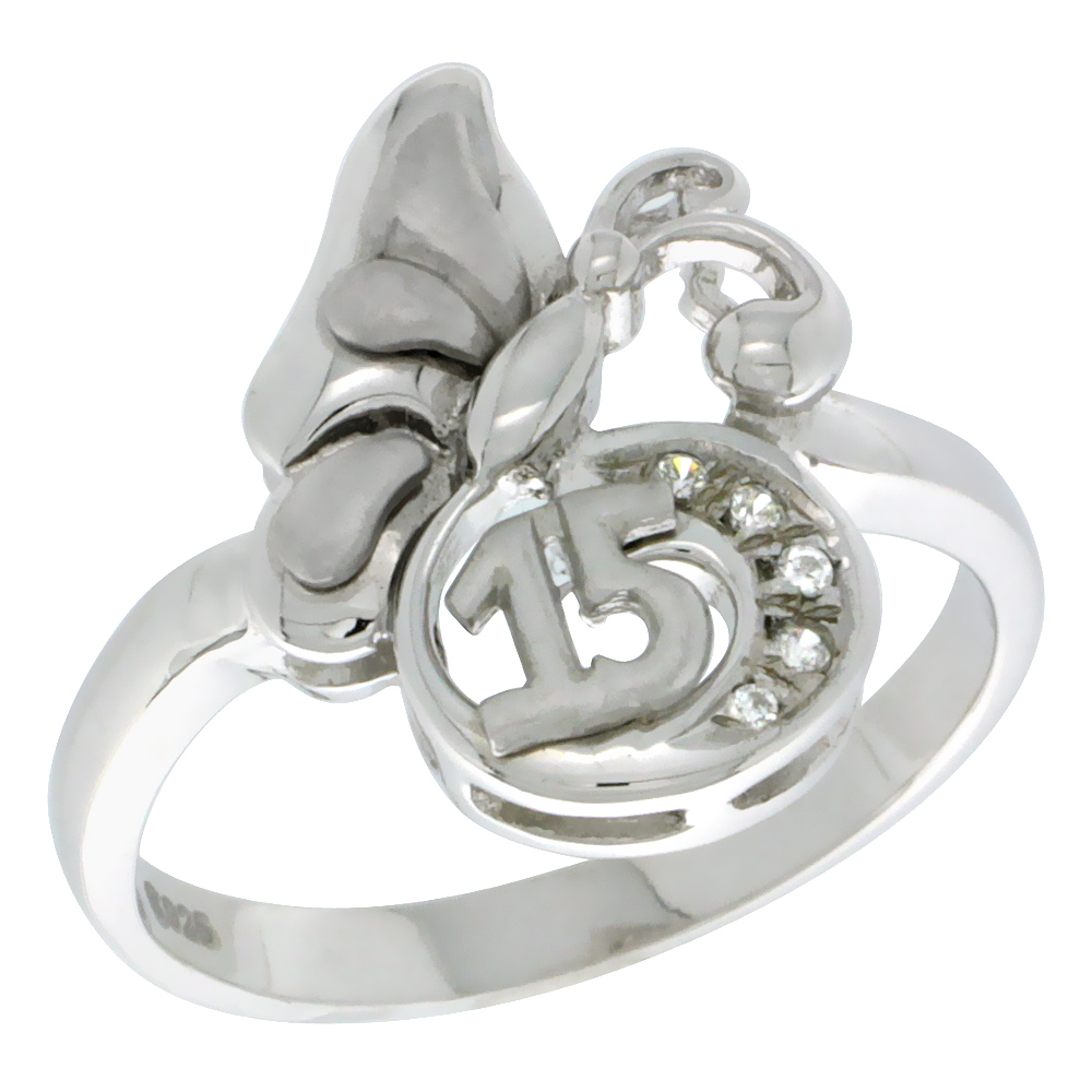 Sterling Silver Quinceanera 15 Anos Butterfly Ring CZ stones Rhodium Finished, 1/2 inch wide, sizes 5 - 8