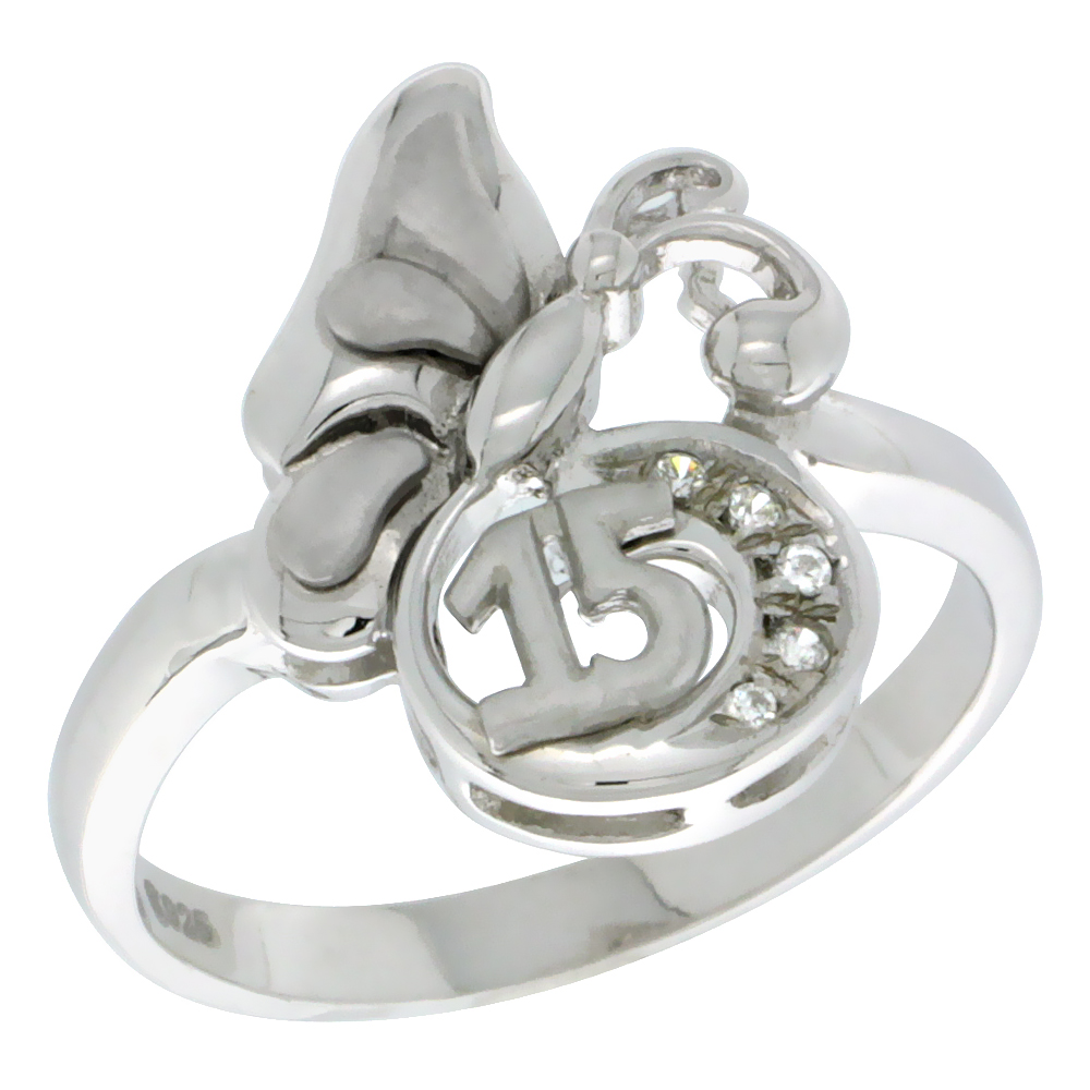 Sterling Silver Quinceanera 15 Anos Butterfly Ring CZ stones Rhodium Finished 1/2 inch wide sizes 5 - 8
