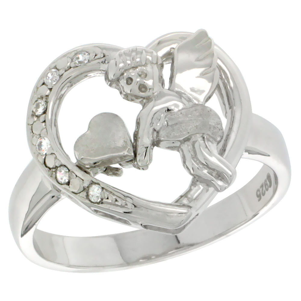 Sterling Silver Cupid Heart Ring CZ Stones Rhodium Finished 5/8 Inch Wide Sizes 5 - 8