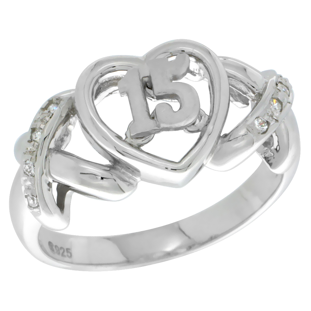 Sterling Silver Quinceanera 15 Anos Ring Hearts and Kisses CZ stones Rhodium Finished, 3/8 inch wide, sizes 5 - 8