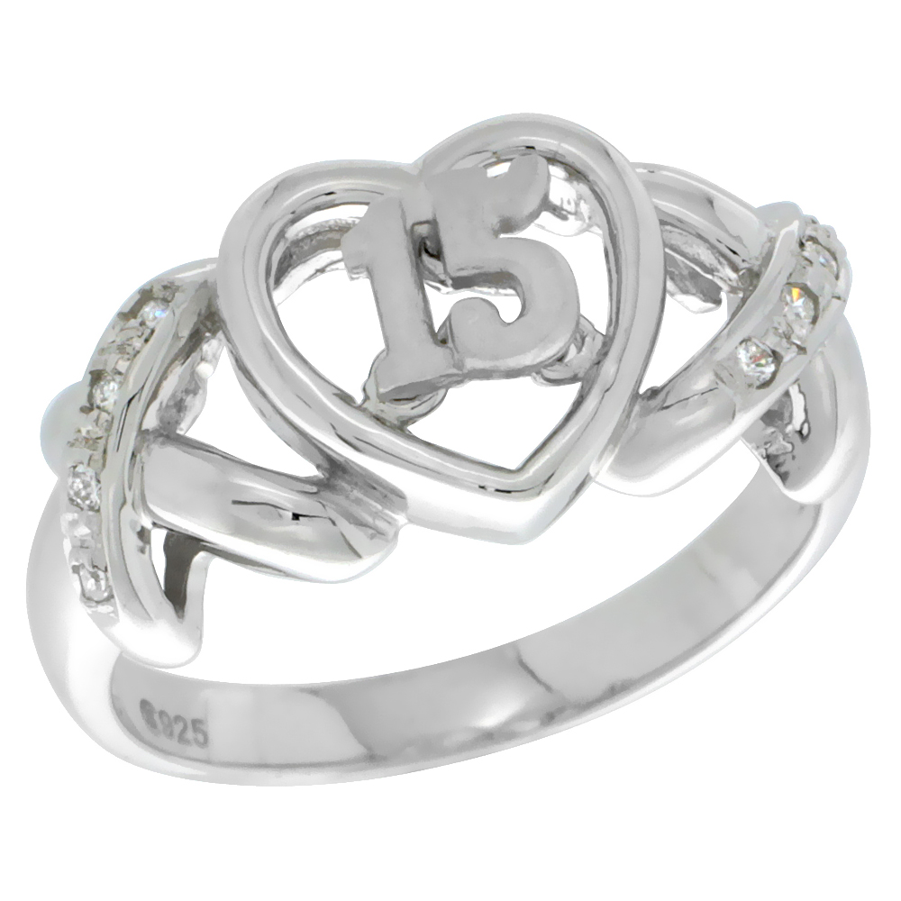 Sterling Silver Quinceanera 15 Anos Ring Hearts and Kisses CZ stones Rhodium Finished 3/8 inch wide sizes 5 - 8