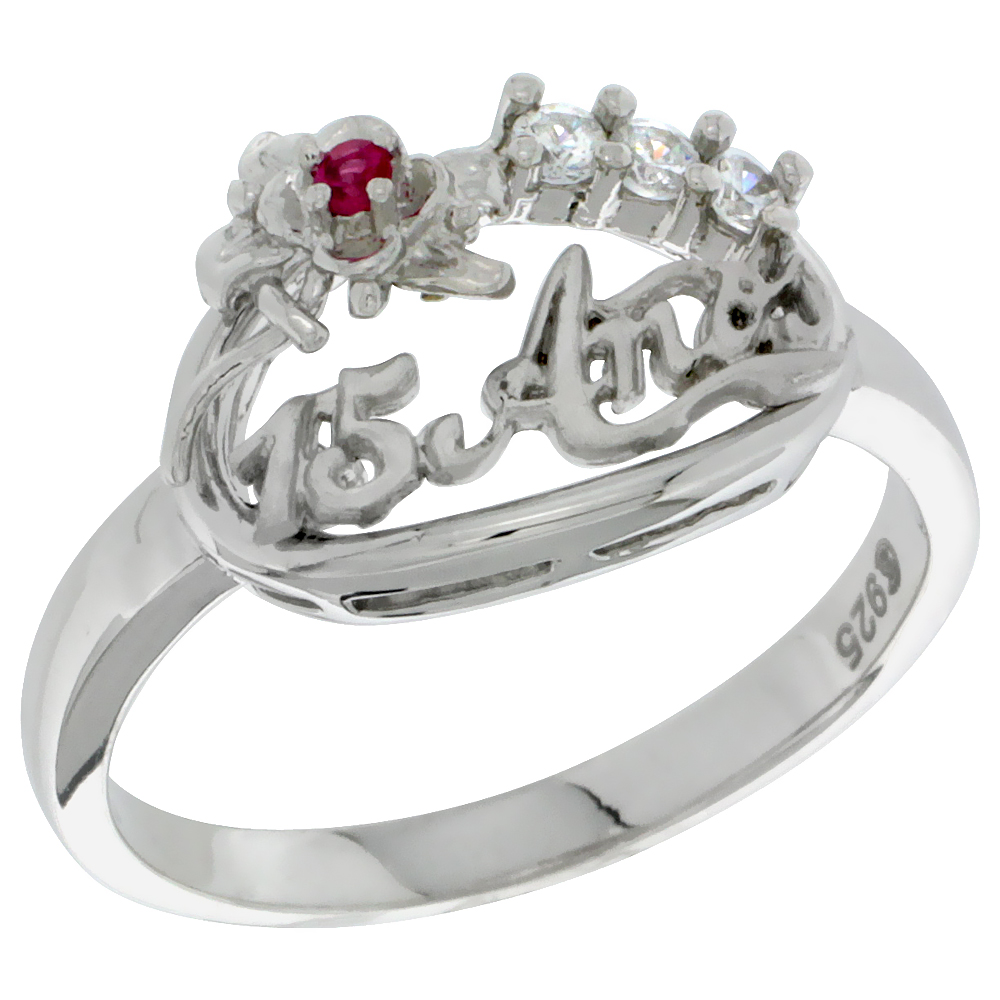 Sterling Silver Quinceanera 15 Anos Flower Ring CZ stones Rhodium Finished, 5/8 inch wide, sizes 5 - 8