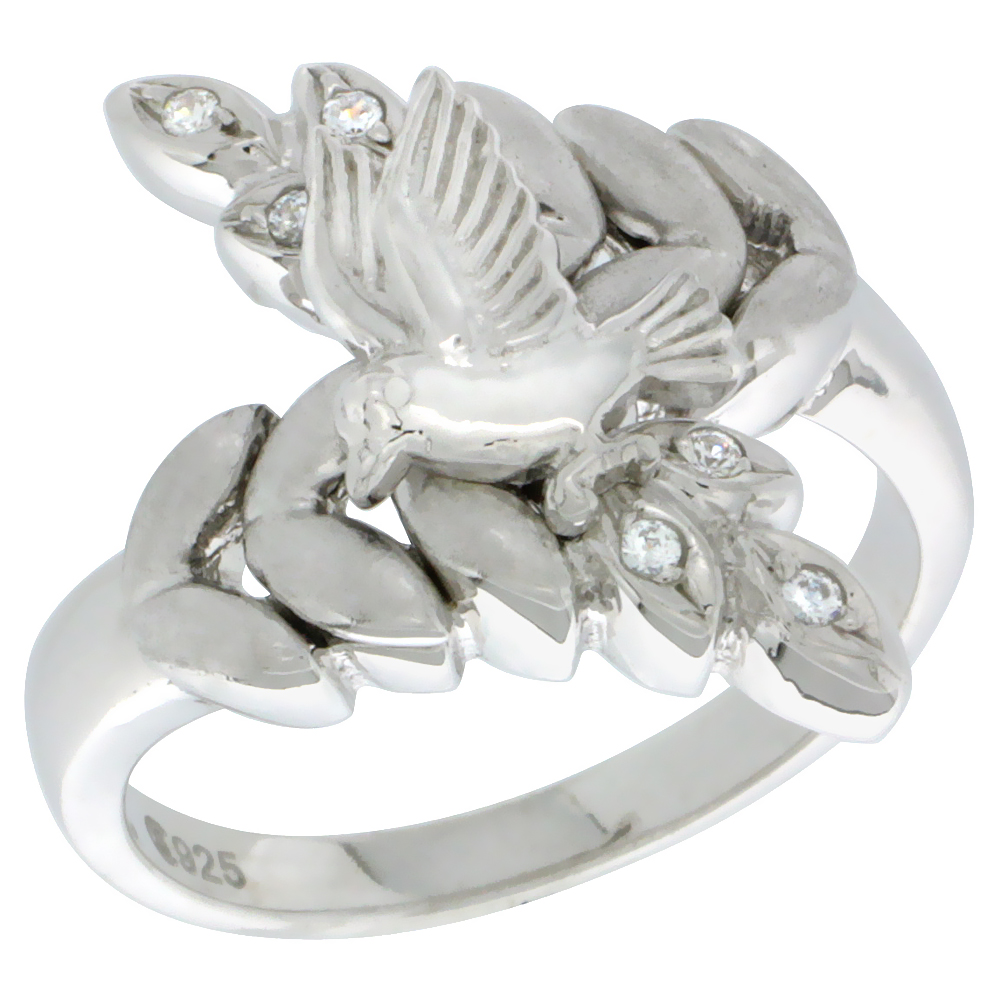 Sterling Silver Dove On Olive Branch Ring CZ Stones Rhodium Finished 13/16 Inch Wide Sizes 5 - 8