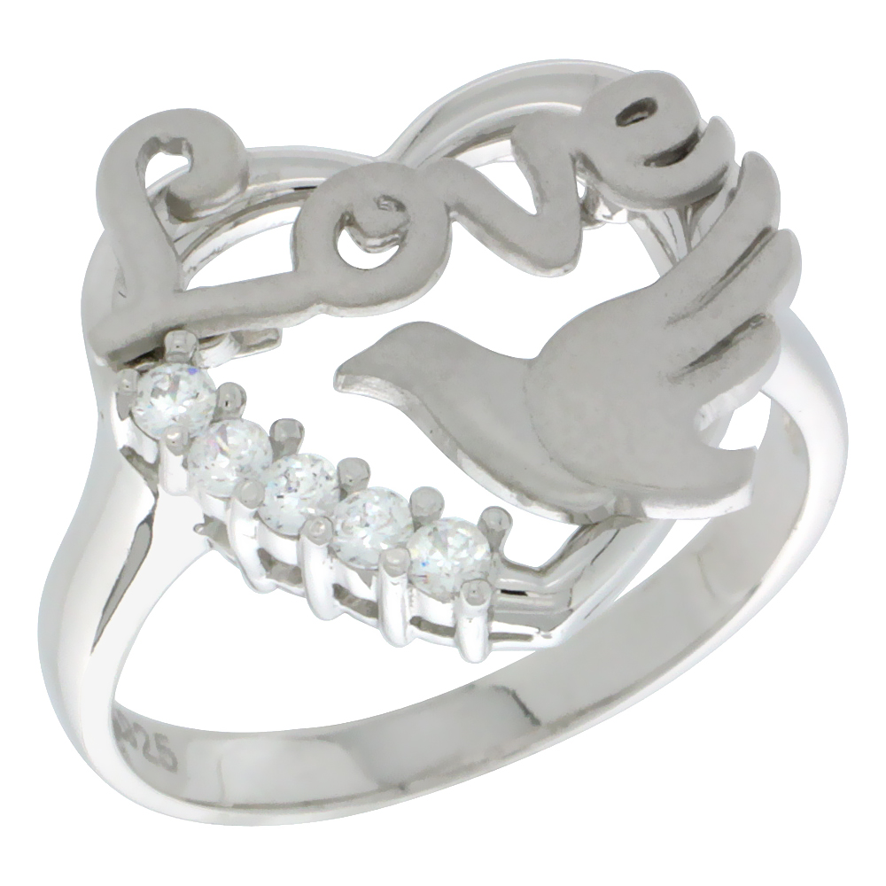 Sterling Silver Love Heart Dove Ring CZ Stones Rhodium Finished 5/8 Inch Wide Sizes 5 - 8