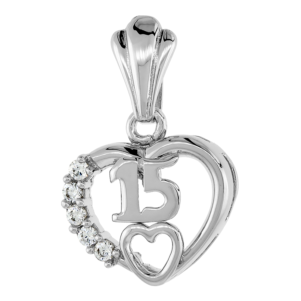 Sterling Silver Quinceanera 15 Anos Heart Ring CZ stones Rhodium Finished 7/16 inch wide sizes 5 - 8