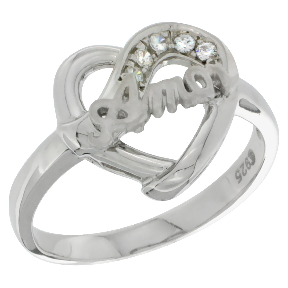 Sterling Silver Amor Heart Ring CZ Stones Rhodium Finished 1/2 Inch Wide Sizes 5 - 8