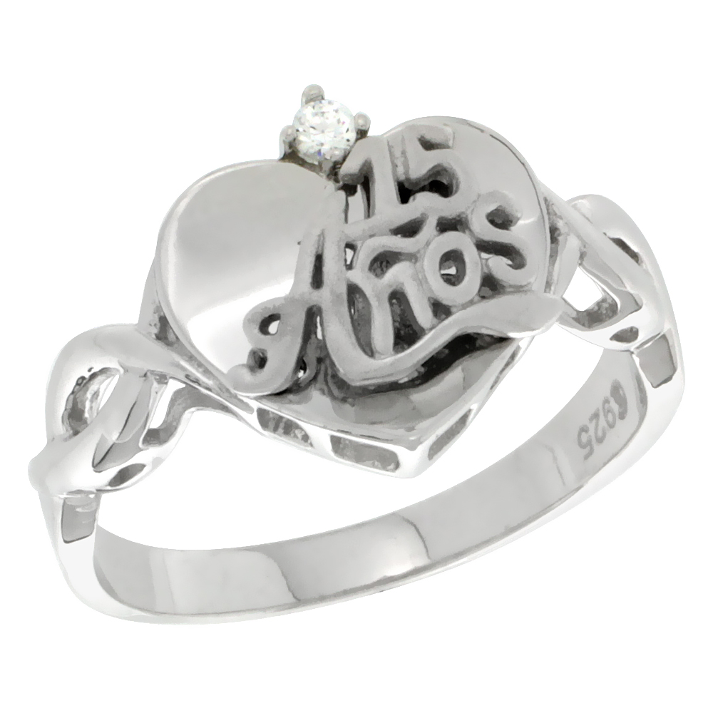 Sterling Silver Quinceanera 15 Anos Heart Ring CZ stones Rhodium Finished 15/32 inch wide sizes 5 - 8