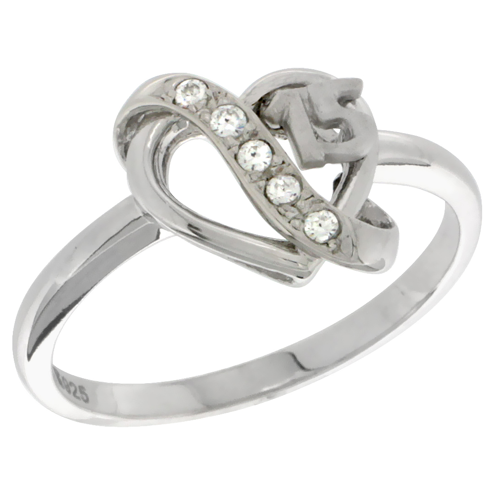 Sterling Silver Quinceanera 15 Anos Heart Ring CZ stones Rhodium Finished, 15/32 inch wide, sizes 5 - 8