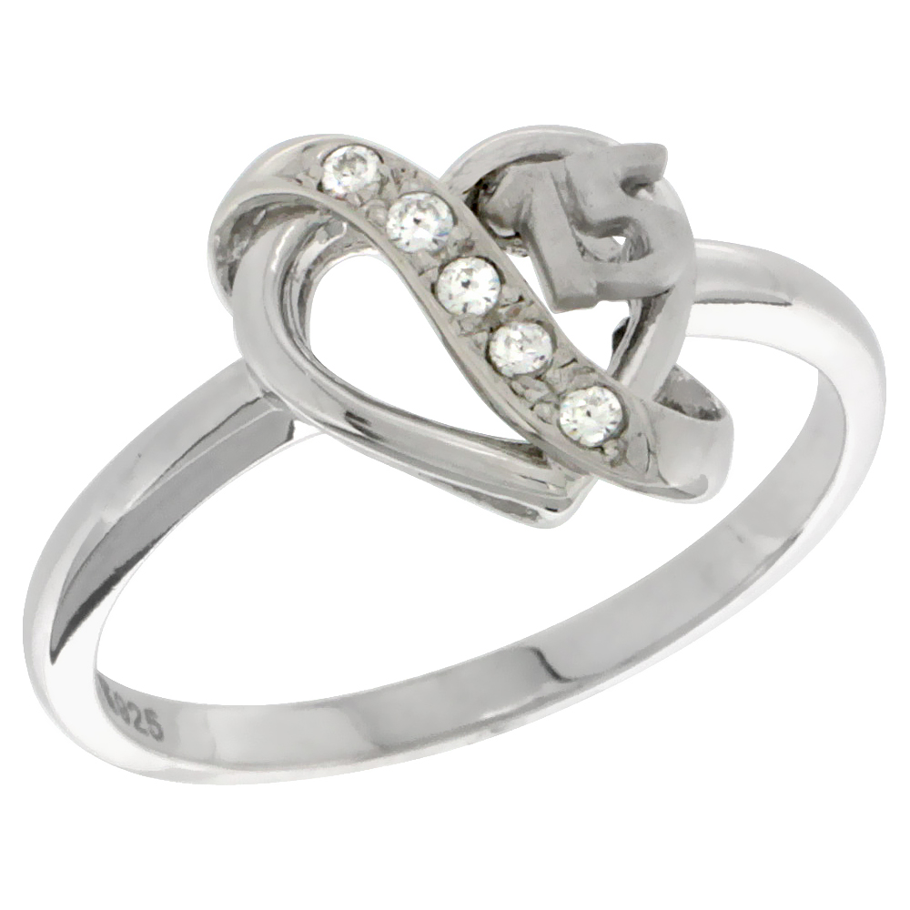 Sterling Silver Quinceanera 15 Anos Heart Ring CZ stones Rhodium Finished 15/32 inch wide sizes 5 - 8