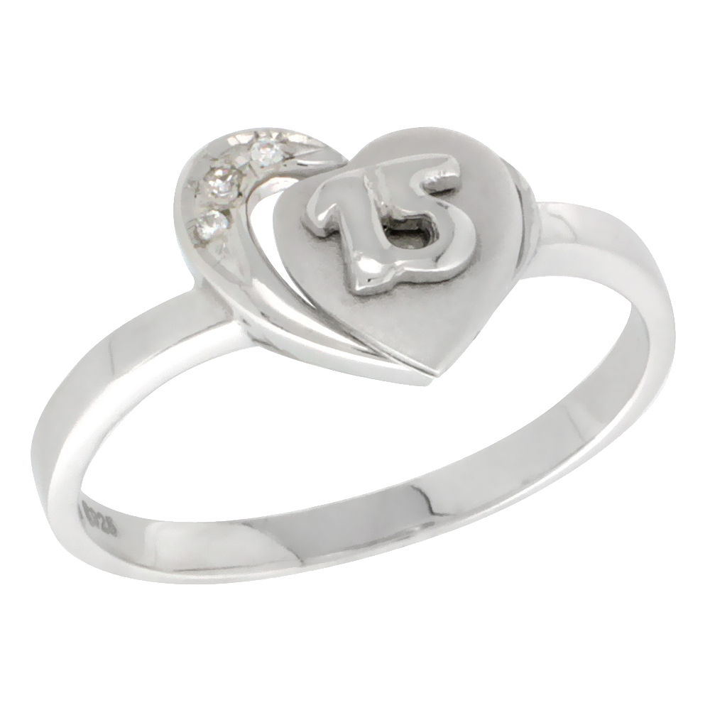 Sterling Silver Quinceanera 15 Anos Heart Ring CZ stones Rhodium Finished 7/16 inch wide sizes 5 - 8
