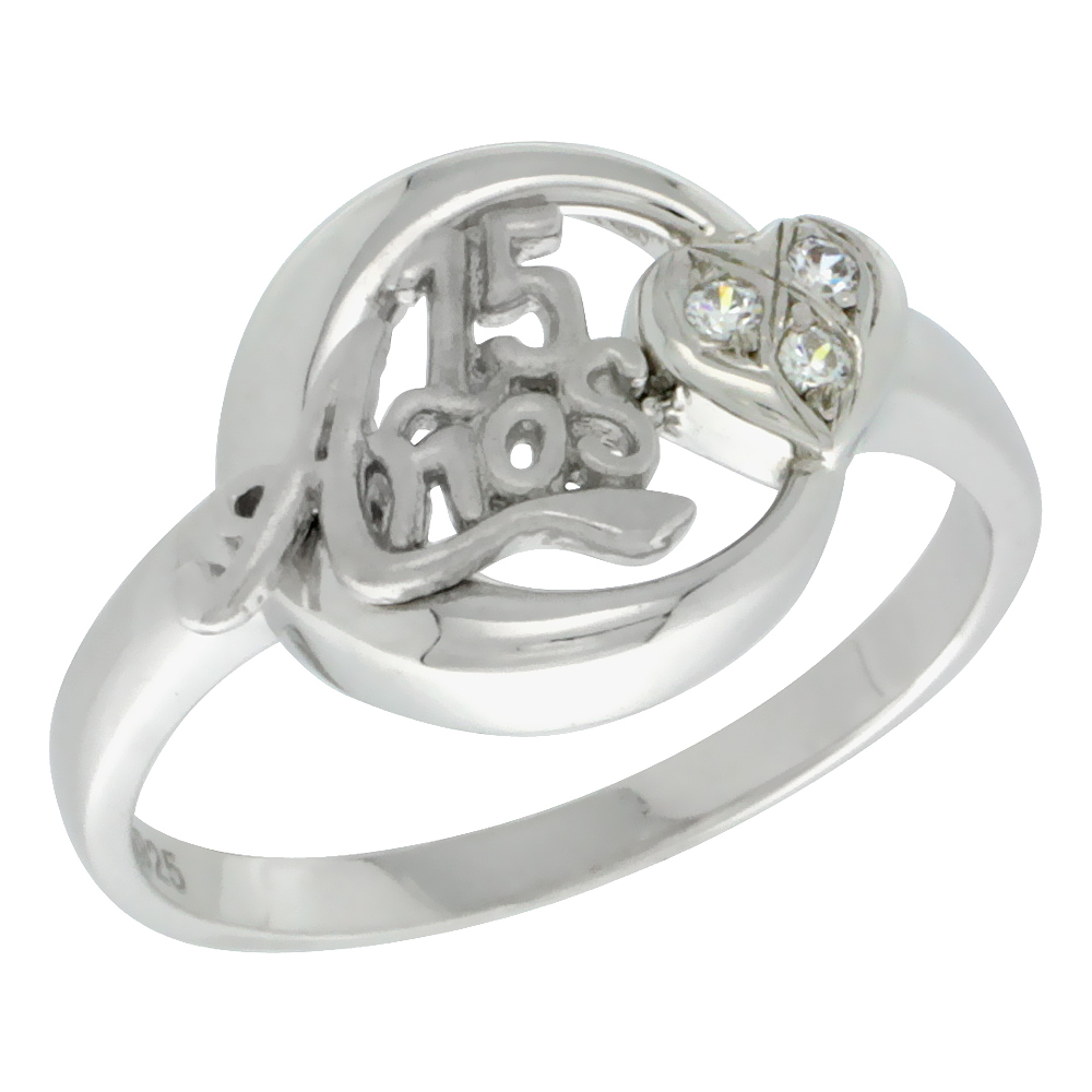 Sterling Silver Quinceanera 15 Anos Heart Ring CZ stones Rhodium Finished, 5/8 inch wide, sizes 5 - 8