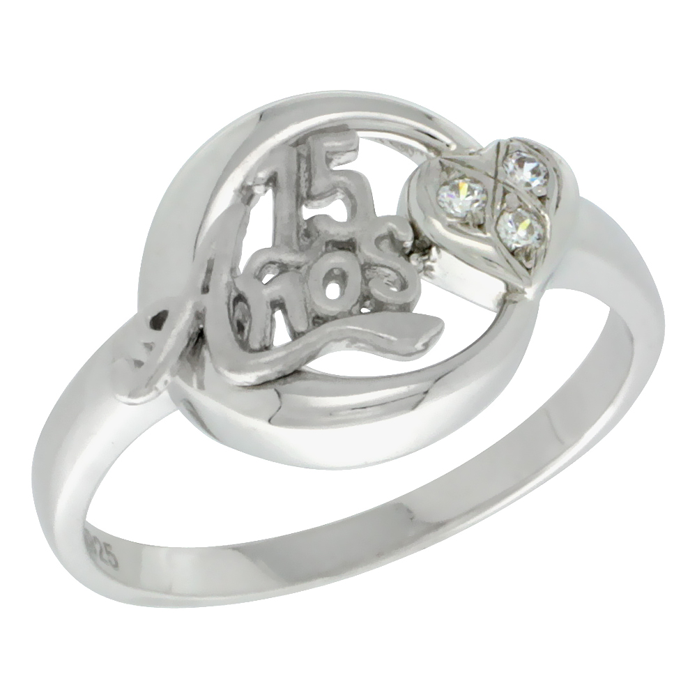 Sterling Silver Quinceanera 15 Anos Heart Ring CZ stones Rhodium Finished 5/8 inch wide sizes 5 - 8