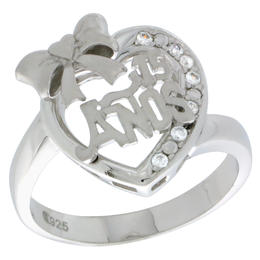 Sterling Silver Quinceanera 15 Anos Ribbon Heart Ring CZ stones Rhodium Finished, 5/8 inch wide, sizes 5 - 8