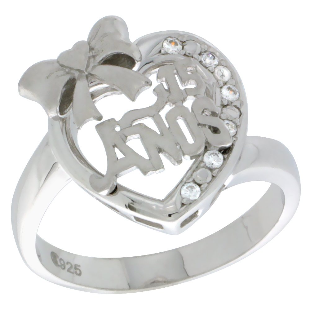 Sterling Silver Quinceanera 15 Anos Ribbon Heart Ring CZ stones Rhodium Finished 5/8 inch wide sizes 5 - 8
