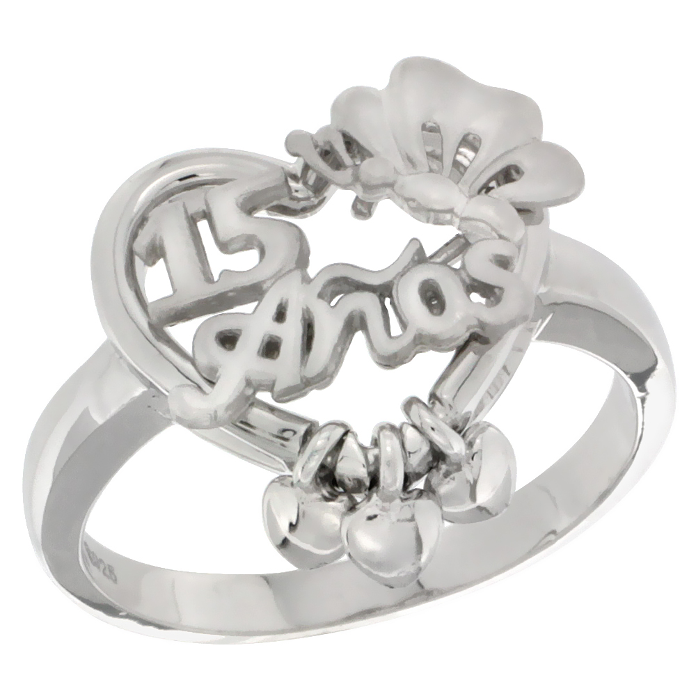 Sterling Silver Quinceanera 15 Anos Butterfly Triple Hearts Ring Rhodium Finished, 5/8 inch wide, sizes 5 - 8