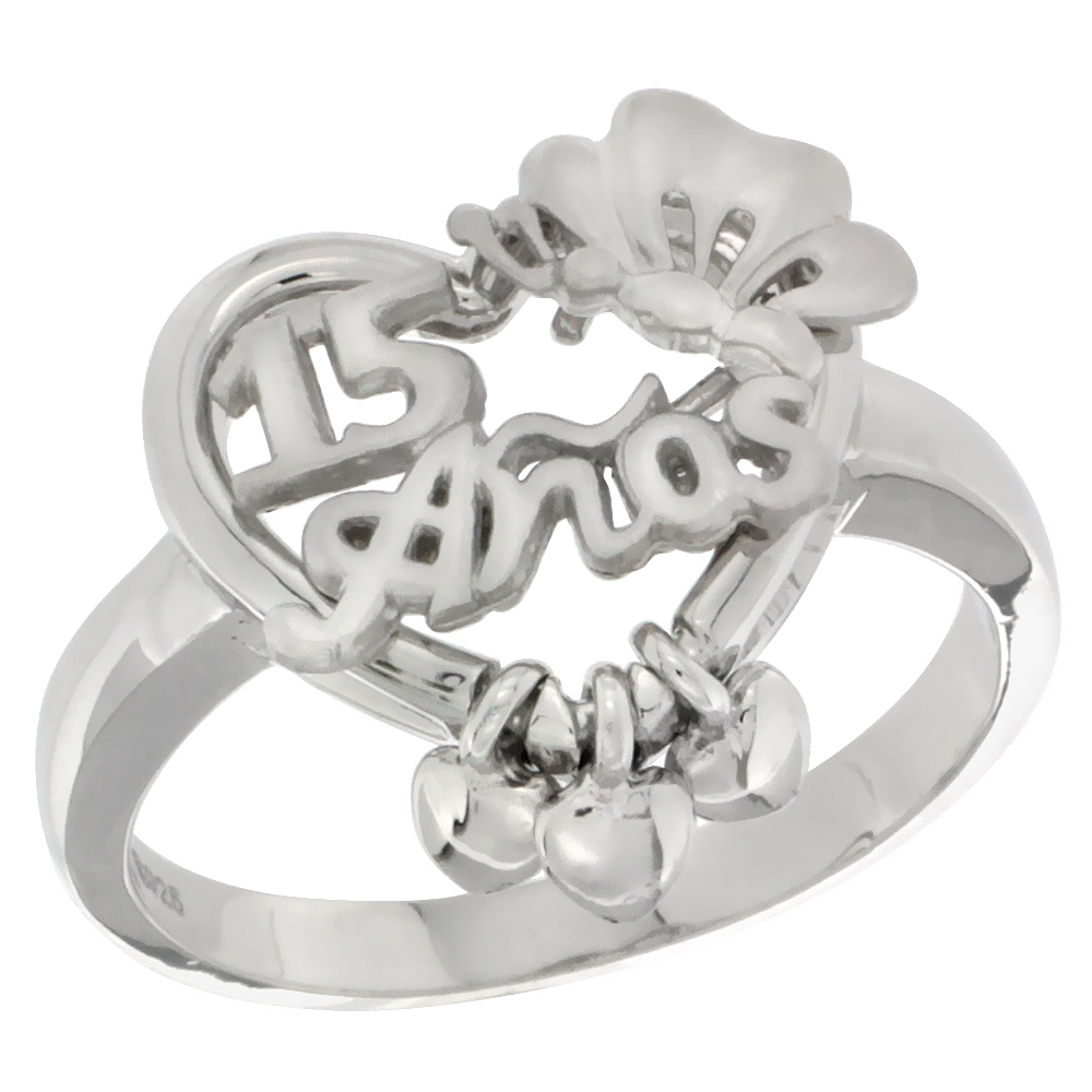 Sterling Silver Quinceanera 15 Anos Butterfly Triple Hearts Ring Rhodium Finished 5/8 inch wide sizes 5 - 8