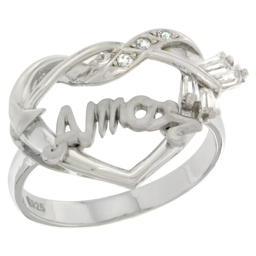 Sterling Silver Amor Cupid's Bow Ring CZ Stones Rhodium Finished 7/8 Inch Wide Sizes 5 - 8