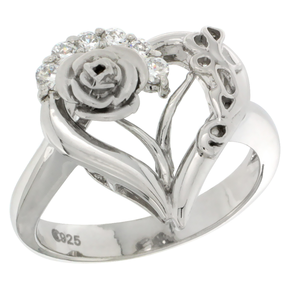 Sterling Silver Love Rose Heart Ring CZ Stones Rhodium Finished 11/16 Inch Wide Sizes 5 - 8