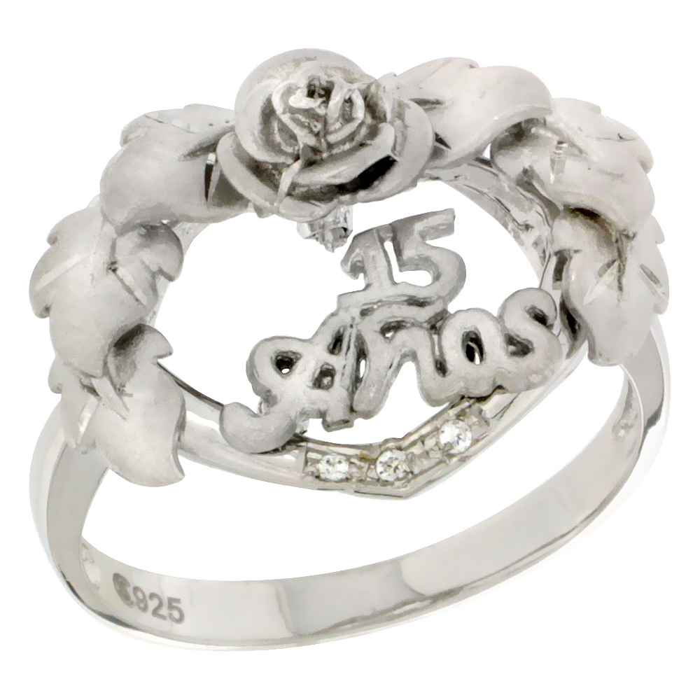 Sterling Silver Quinceanera 15 Anos Heart Wreath Ring CZ stones Rhodium Finished, 25/32 inch wide, sizes 5 - 8