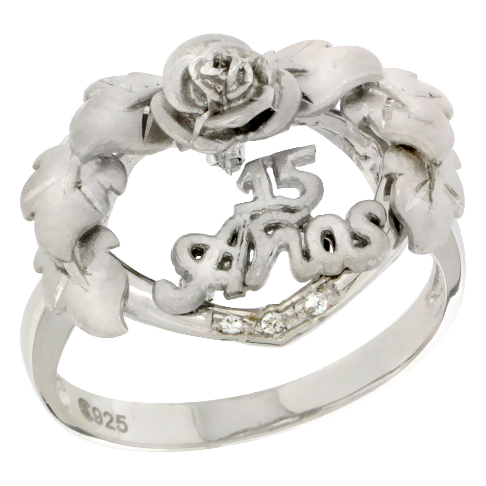 Sterling Silver Quinceanera 15 Anos Heart Wreath Ring CZ stones Rhodium Finished 25/32 inch wide sizes 5 - 8