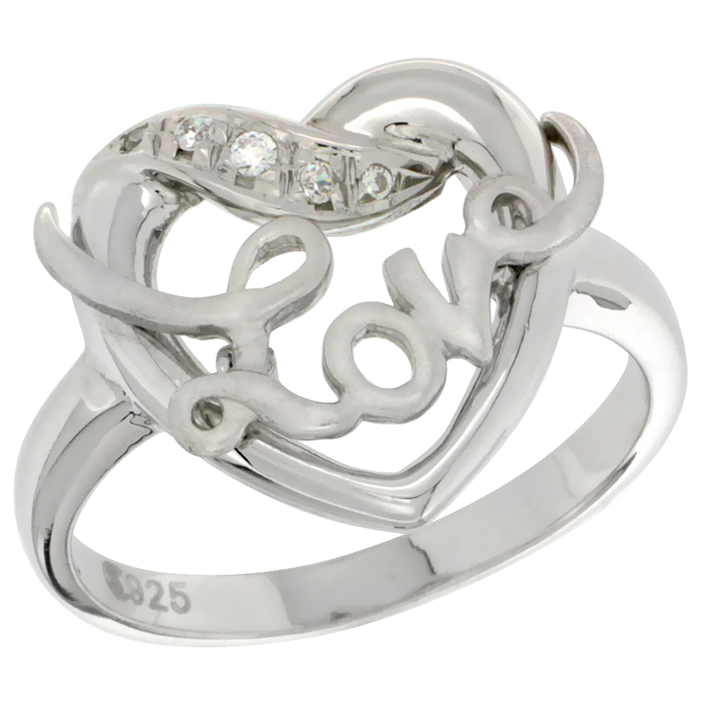 Sterling Silver Love Ribbon Ring CZ Stones Rhodium Finished 11/16 Inch Wide Sizes 5 - 8
