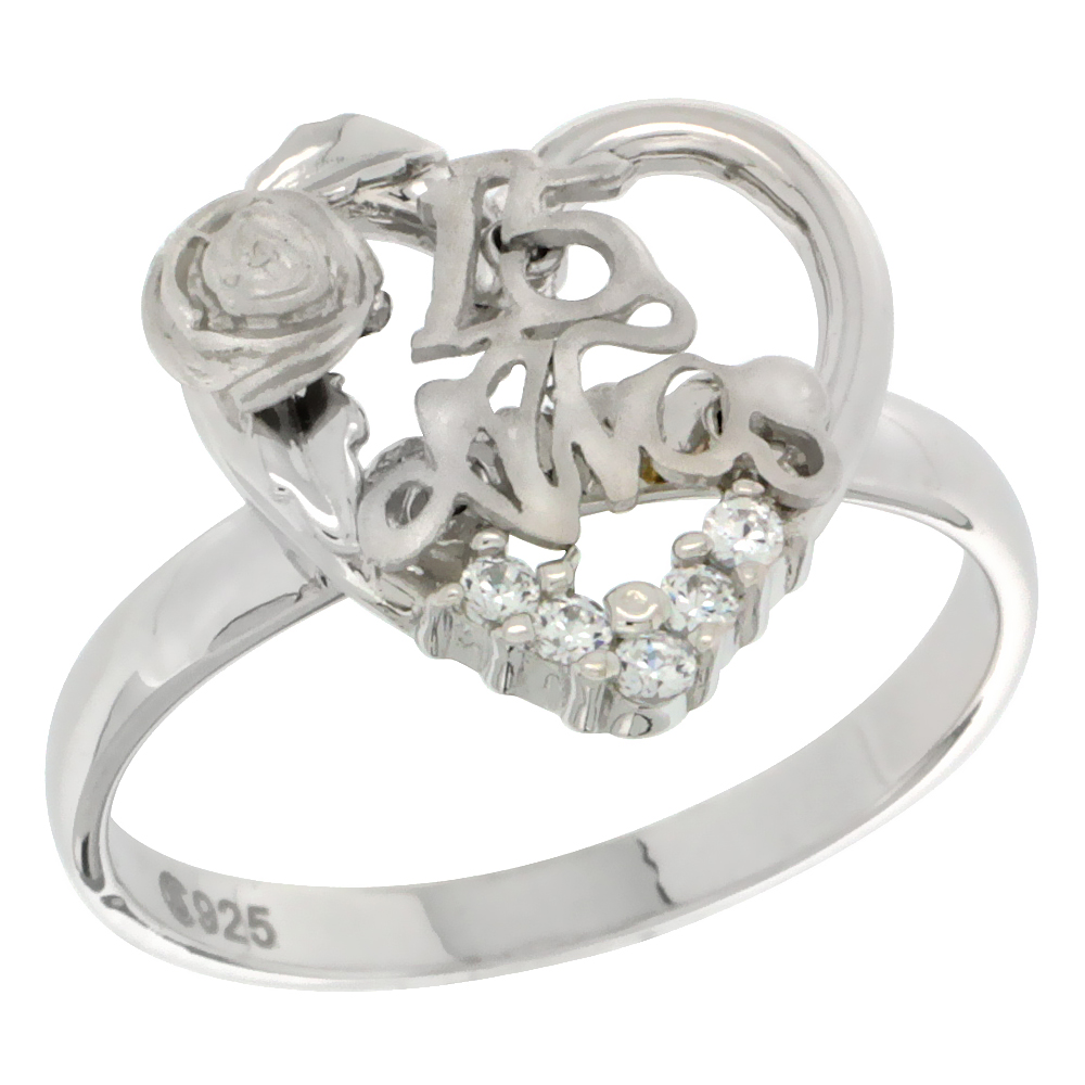 Sterling Silver Quinceanera 15 Anos Rose Ring CZ stones Rhodium Finished 5/8 inch wide sizes 5 - 8