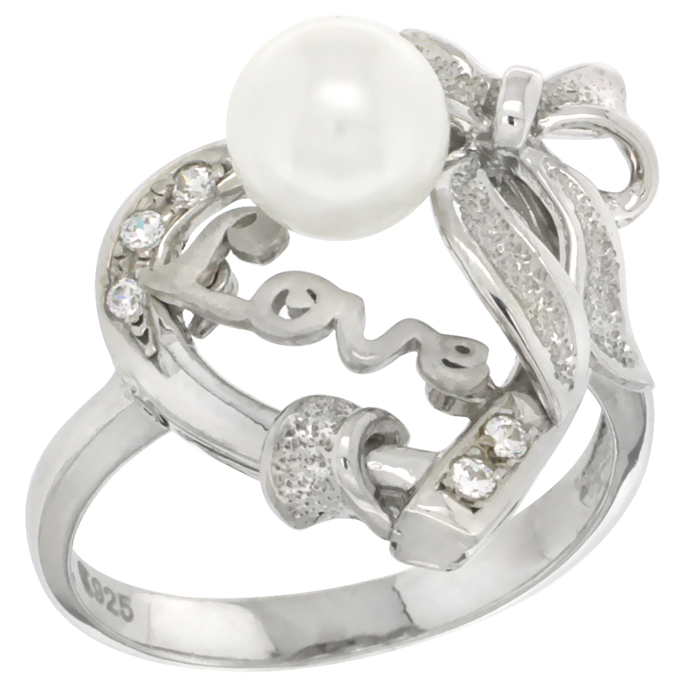 Sterling Silver Heart Love Bow Faux Pearl Ring CZ Stones Rhodium Finished 23/32 Inch Wide Sizes 5 - 8
