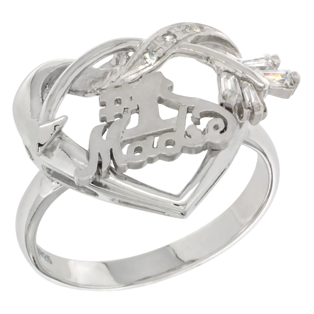 Sterling Silver #1 Madre Cupid's Bow Heart Ring CZ Stones Rhodium Finished 13/16 Inch Wide Sizes 5 - 8